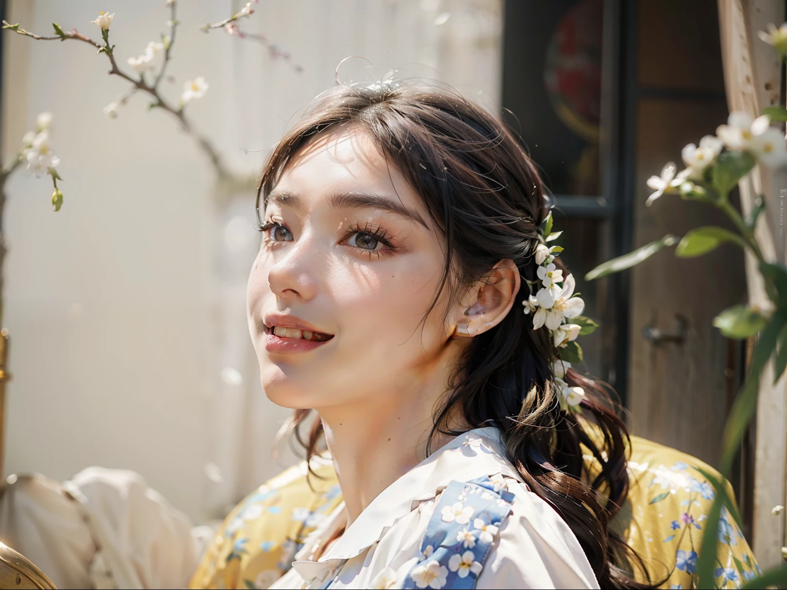 Best quality, masterpiece, ultra high res, (photorealistic:1.4), raw photo, 1girl, white dress, off shoulder, blossom flower field, glowing skin, light smile