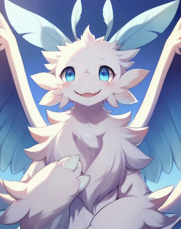 by Whooo-Ya, by Sskomu \(artist\), by Kakure Eria, (solo furred dragon quivern:1.3), (fluffy, white body, wings, blue eyes, round eyes, blue antennae, feather antennae, white claws, submissive:1.25), BREAK, detailed background, depth of field, shadow, sunlight, ambient silhouette, backlighting,female,,grinning,Accessories for the neck,sweets_eat,whole body