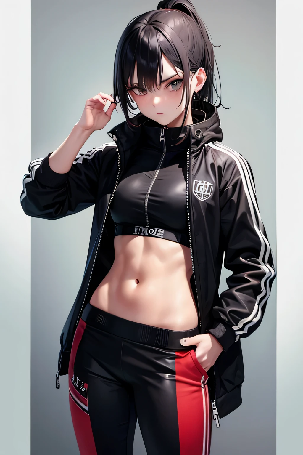 1girl, fitness, moody, statement, pants, jacket