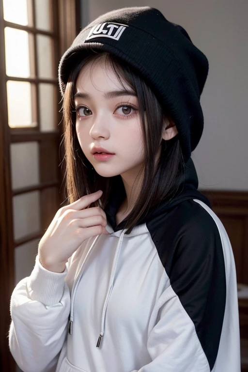 masterpiece，best quality,very beautiful  girl,black adidas sweatshirt hoodie,Highest quality,(realistic:1.5),Wink,twin tails