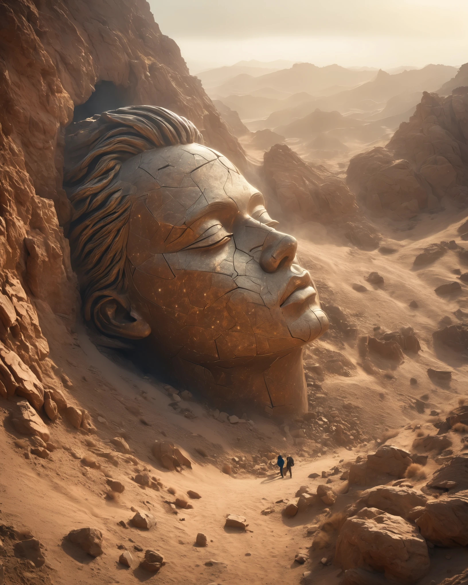 from above, Bokeh, ultra high definition, masterpiece, high detail, high quality, Award-winning, best quality, high resolution, 16K，
(Elevation viewing angle），Big dumb object，（英俊男子巨大雕塑portrait&#39;Head fell in the desert：1.3），（A small man is looking at the sculpture：1.0），Great Wilderness，dense teeth，old，Art style of Philip Hodas，Matte of the human soul, realism ，BDO works by American digital artist Stuart Lippincott，Use advanced tones and shadows，Create a dazzling and mysterious light，Deep spatial pattern and mysterious atmosphere,Create a sci-fi mechanical god realm,Highlighting the insignificance of human beings，and fear of the unknown，minimalist art，fantasy，Surrealism，Sharpie style, portrait, Beautiful detailed