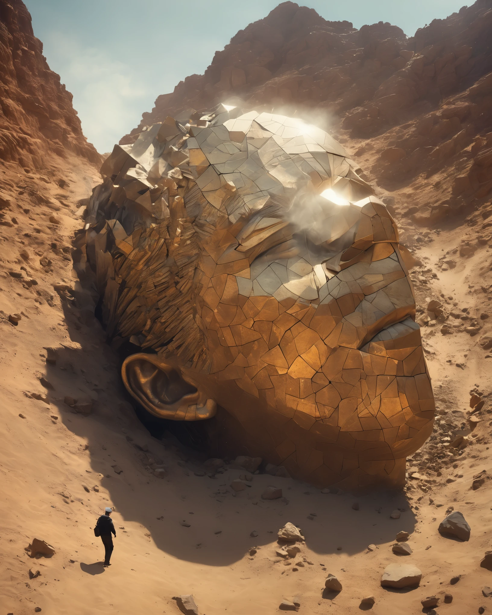 from above, Bokeh, ultra high definition, masterpiece, high detail, high quality, Award-winning, best quality, high resolution, 16K,
(Elevation viewing angle),Big dumb object,(英俊男子巨大雕塑portrait'Head fell in the desert:1.3),(A small man is looking at the sculpture:1.0),Great Wilderness,dense teeth,old,Art style of Philip Hodas,Matte of the human soul, realism ,BDO works by American digital artist Stuart Lippincott,Use advanced tones and shadows,Create a dazzling and mysterious light,Deep spatial pattern and mysterious atmosphere,Create a sci-fi mechanical god realm,Highlighting the insignificance of human beings,and fear of the unknown,minimalist art,fantasy,Surrealism,Sharpie style, portrait, Beautiful detailed