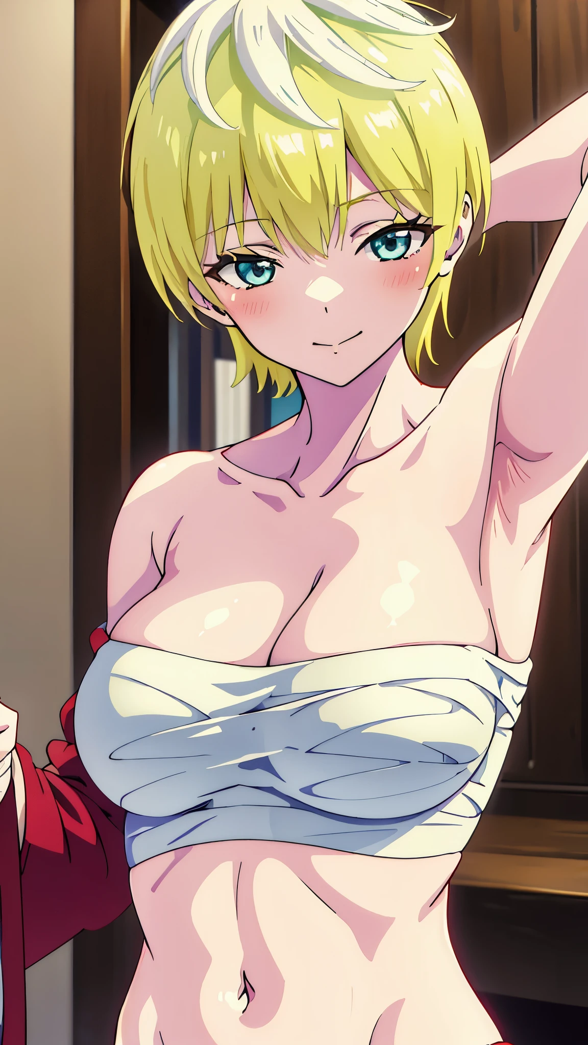 masterpiece, highres, solo, 8k, detailed, perfect face, best quality, (ultra high quality), looking viewers, armpit, hands up, collarbone, bare arm, big breast, cleavage, sideboob, yellow hair, light hair, short hair, green blue eyes, belly, stomach, navel, abs, sarashi chest, bandaged breast, white bandage, red hakama, slim body, smile, blush, upper body 