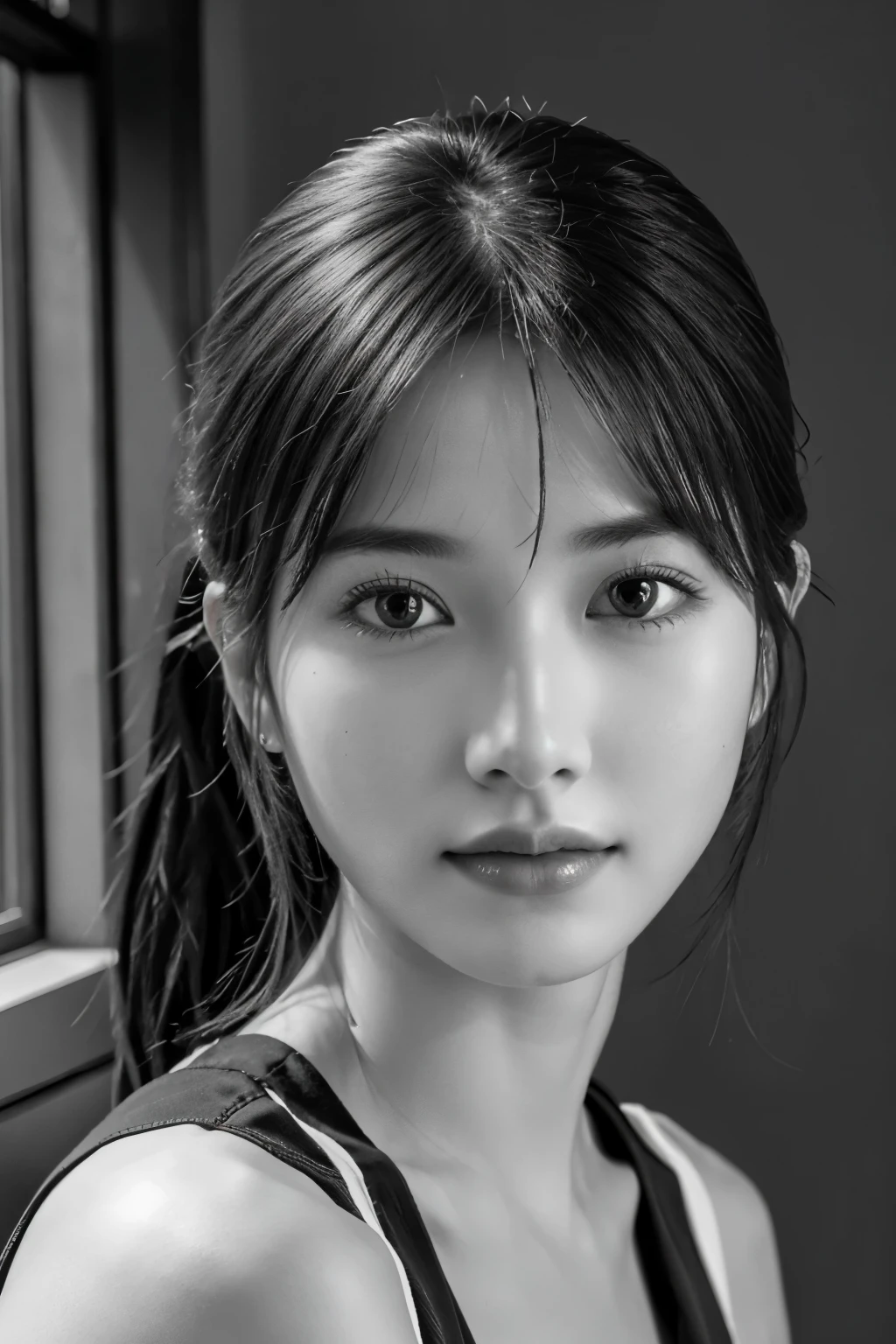 table top, highest quality, Photoreal, Super detailed, finely, High resolution, 8k wallpaper, RAW photo, Professional, Advanced level of detail, (((monochrome photography))), 1 girl, (facing the front), Upper body, perfect face, (Only lips red)