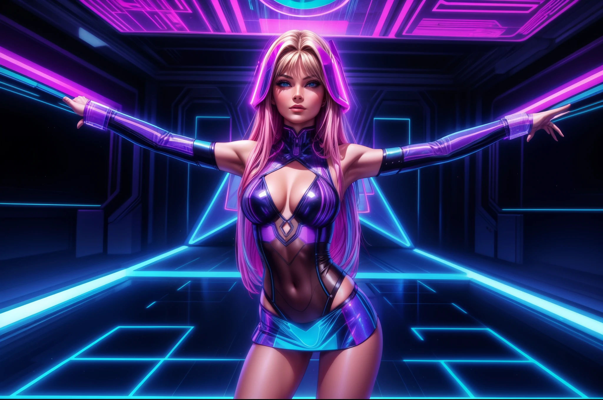 young Bo Derek, hologram miniskirt, see-through clothes, holopunk, digital projections, neon vibrancy, transparent interfaces, wearable technology, cyber clubbing, dancing girls