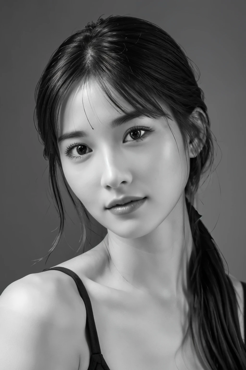 table top, highest quality, Photoreal, Super detailed, finely, High resolution, 8k wallpaper, RAW photo, Professional, Advanced level of detail, (((monochrome photography))), 1 girl, (facing the front), Upper body, perfect face, (Only lips red)