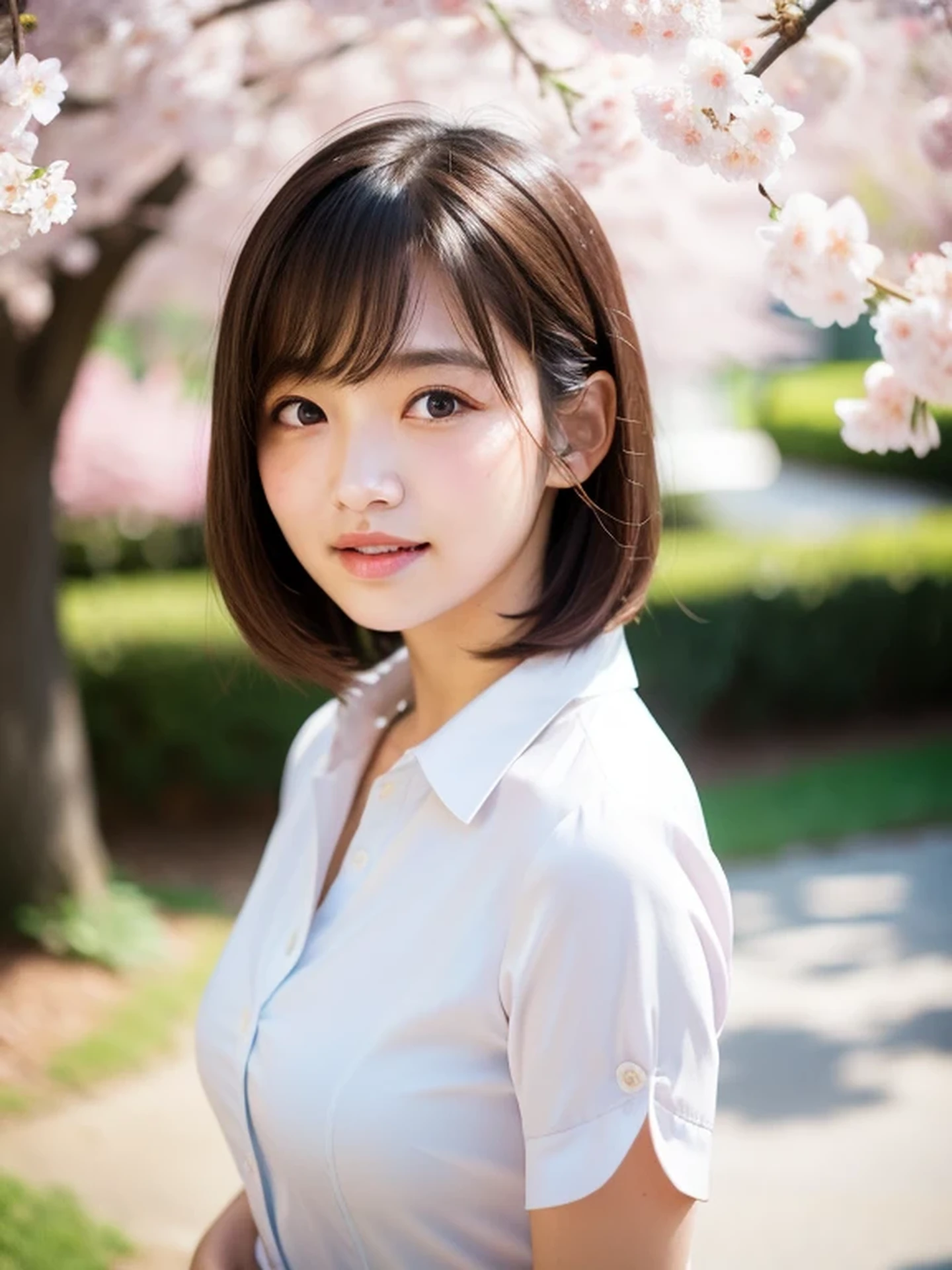 masterpiece, Best Quality, Raw photo, 8K, ultra-detailed face, 1girl, Beautiful detailed skin, backlight, soft light, bashful, (shoot from front:1.2), smile, Luminescent, Anatomically correct, Medium hair swaying in the wind, bangs, Eyes and faces with detailed, Textured skin, Professional Photography, Bokeh, Portrait, Professional Lighting, Solo, Cute, Girly, Film grain, silk dress shirt, cherry blossoms