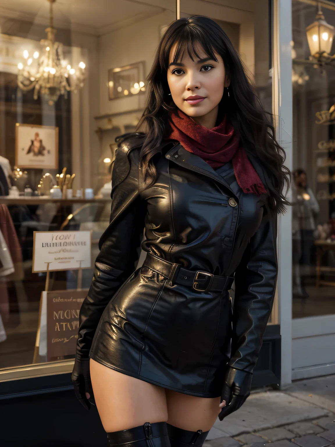 solo lovely smiling Bettie Page,, in front of boutique, (highest quality texture), boutique store front, display windows full of interesting items, film quality, woman dressed in high style fashion, she wears black maxy leather trench and a red velvet scarf, (highest level red velvet texture detail, luxurious), maxy long red velvet skirt, black tigh stiletto boots,black tight leather gloves,shoulder bag,she's in front of beautiful boutique ,soft accent candlelight in windows, gorgeous rembranndt like lighting, (Rembrandt patch), (highest quality window details), hip cool boutique in background, silky long dark hair, hair bangs to her eyes, every detail,Fine facial features, Masterpiece – Masterpiece ○○ quality – ○○ quality best quality(Highest Quality) ,Leica film, best, solo female, High quality (hiquality) etc ○○ detailed – ○○ details ultra detailed(Ultra-fine ), Photorealistic, Extremely detailed(Extremely detailed) , Finely detailed(Fine-grained), (highest detail skin texture peachfuzz earlobe realistic) etc ○○ res – ○○ resolution ultra high res(A high resolution) , very high texture res(light resolution), Realistic – Realistic Photorealistic – photorealistic beautiful – beautiful 4k , 8K, artsy shop front, close and intimate,