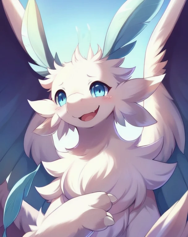 by Whooo-Ya, by Sskomu \(artist\), by Kakure Eria, (solo furred dragon quivern:1.3), (fluffy, white body, wings, blue eyes, round eyes, blue antennae, feather antennae, white claws, submissive:1.25), BREAK, detailed background, depth of field, shadow, sunlight, ambient silhouette, backlighting,female,,grinning,accessories,lick,whole body