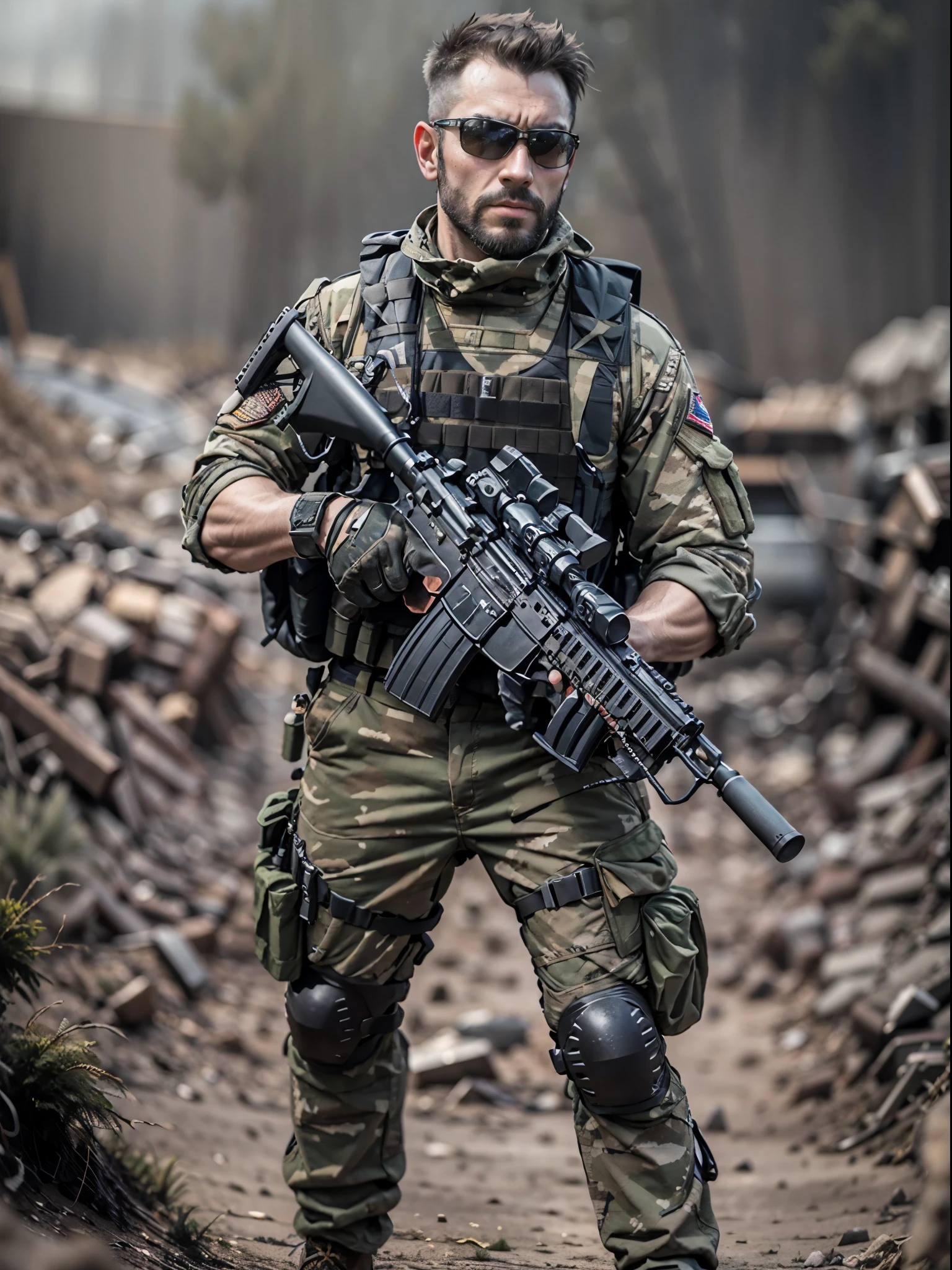 Mercenary, male focus, holding an assault rifle with two hands, load-bearing vest, ammunition belt, danger atmosphere, war zone