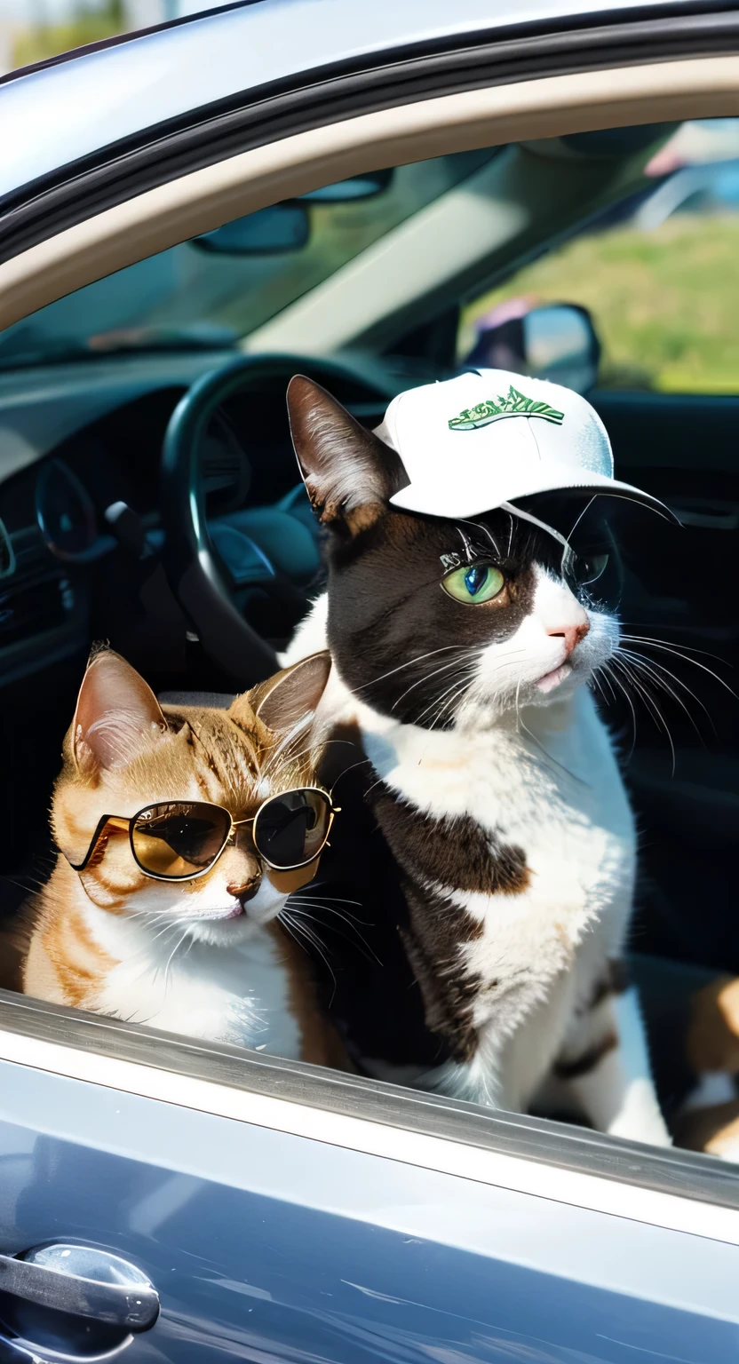 Cat wearing a t-shirt、Cat wearing sunglasses、Cat driving a car