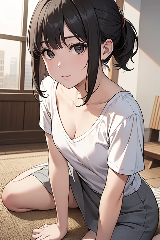 masterpiece, High resolution,High-definition CG Unity 8K,realistic,beautiful and detailed face, white skin,detailed hair textu,1 girl,black eyes,black hair,small breasts,low ponytail,(white V-neck T-shirt),(dynamic angle),(at night),room,sit on the floor,looking at viewer,(orgasm:1.4),(ecstasy),(nose blush)
