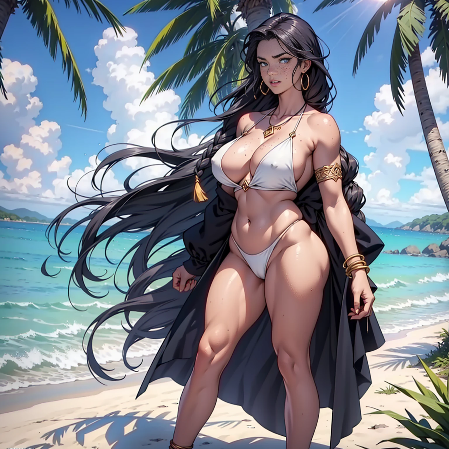 White woman European realist 40 years, long hair straight, length at shoulder height, freckles on face, perfect and detailed eyes, snubbed nose, thick lips with volume, sensual mouth between open, looking up with intimidating look, full body, wearing a light and very tight bikini open in front detailing all her body, generous neckline descending to her belly, her gorgeous breasts (oppai) standing out escaping the swimsuit, gorgeous smooth skin, natural braided thin necklace, tribal rope bracelet, leaning against a large palm tree on a clear and windy day, hair thrown to the wind, full-body woman, arms back from body, sensual pose, sexy woman with wide hips and musculous belly and shaved pussy, (((1girl)))