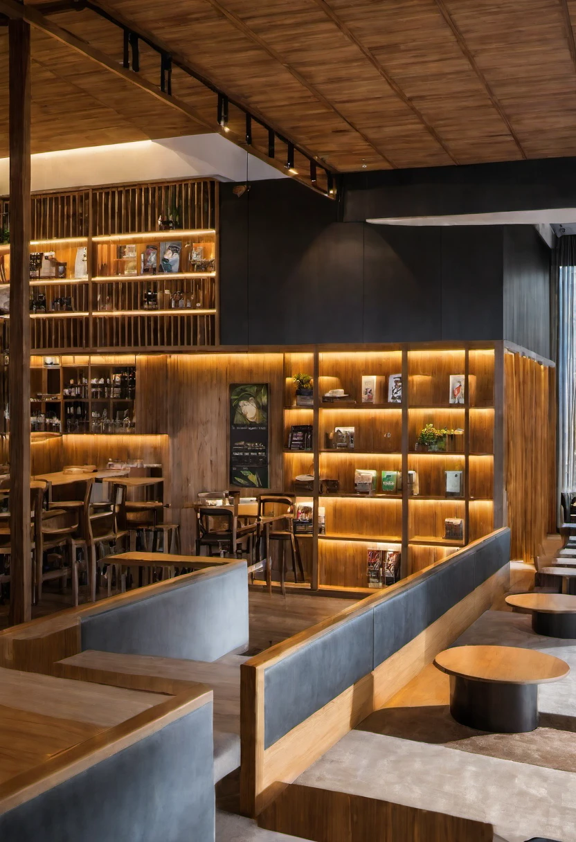 cafes、Fashionable、inside restaurant、wooden、chairs and tables、low illuminance、coffee、bookcase、Sunlight shining through the window