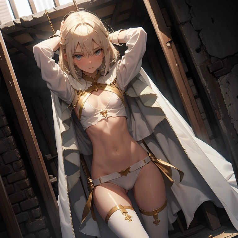 (nsfw:1.2), skinny girl, (small breasts:1.3), short blonde hair, expressive eyes, perfect face, (tight white crop top shirt), tight white spandex briefs, gold belt, white stockings, white boots, white cloak, gold details on clothes, Windswept Cape, Clothes full of metal chains, sword in sheath at waist, (torn clothes), tied up, 頭の上にtied up手首, Put your arms on top of your head,  Are standing, In a dark prison cell, sweating, Traces of whips on the body, Warm light, volume lighting