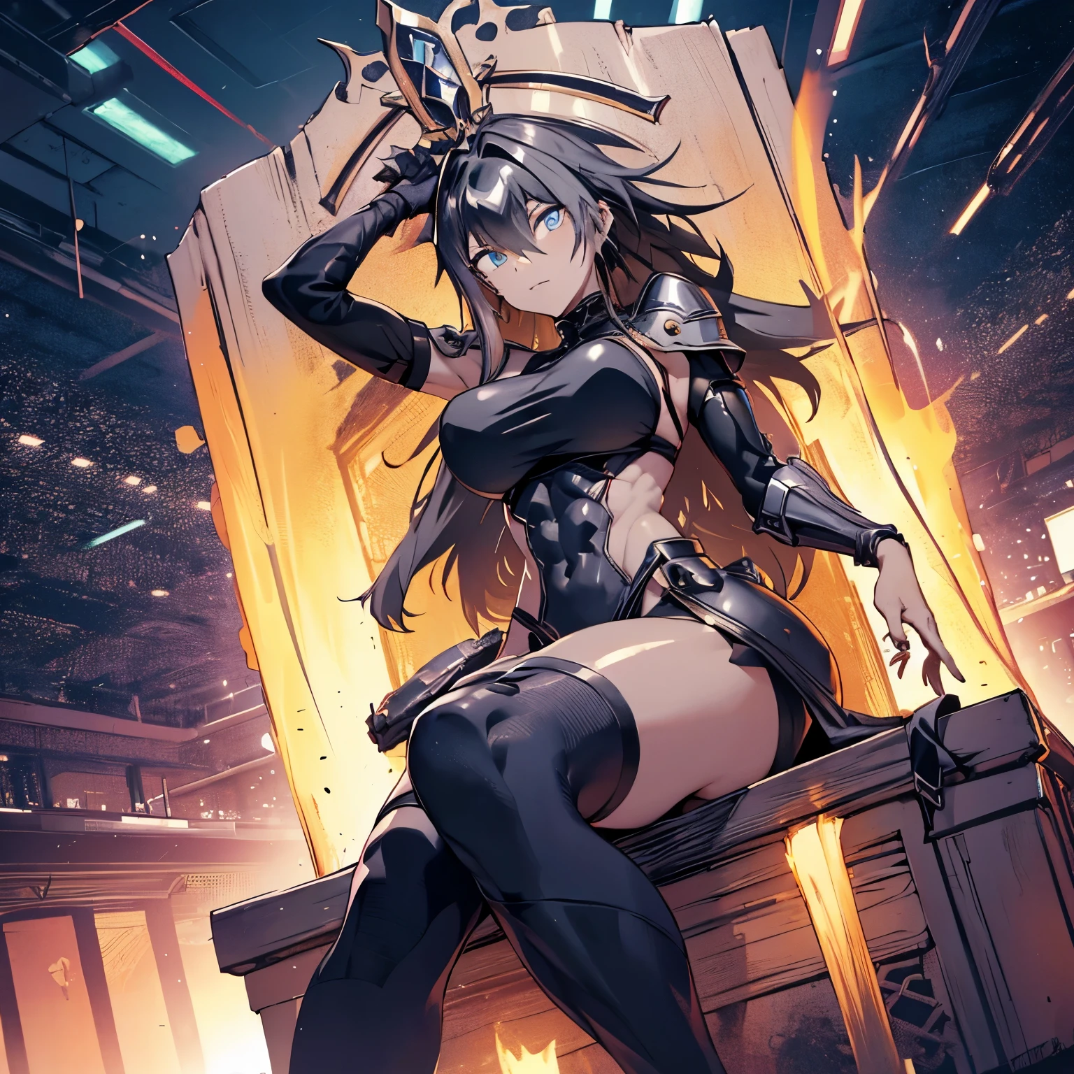 (waifu), ((sitting on giant throne)), ((huge throne)), marle barrock, ((long hair)),  more background, medieval, (full body), (high resolution), (high res), great quality, mature, perfect eyes, strong shadows, detailed face, detailed abs, direct light, under light, strong jaw,  massive ass, neon lights, thick thighs, long torso, wide waist, skinny torso, fit, perfect face, neon light, (tight armor), (colorful vibrant light),