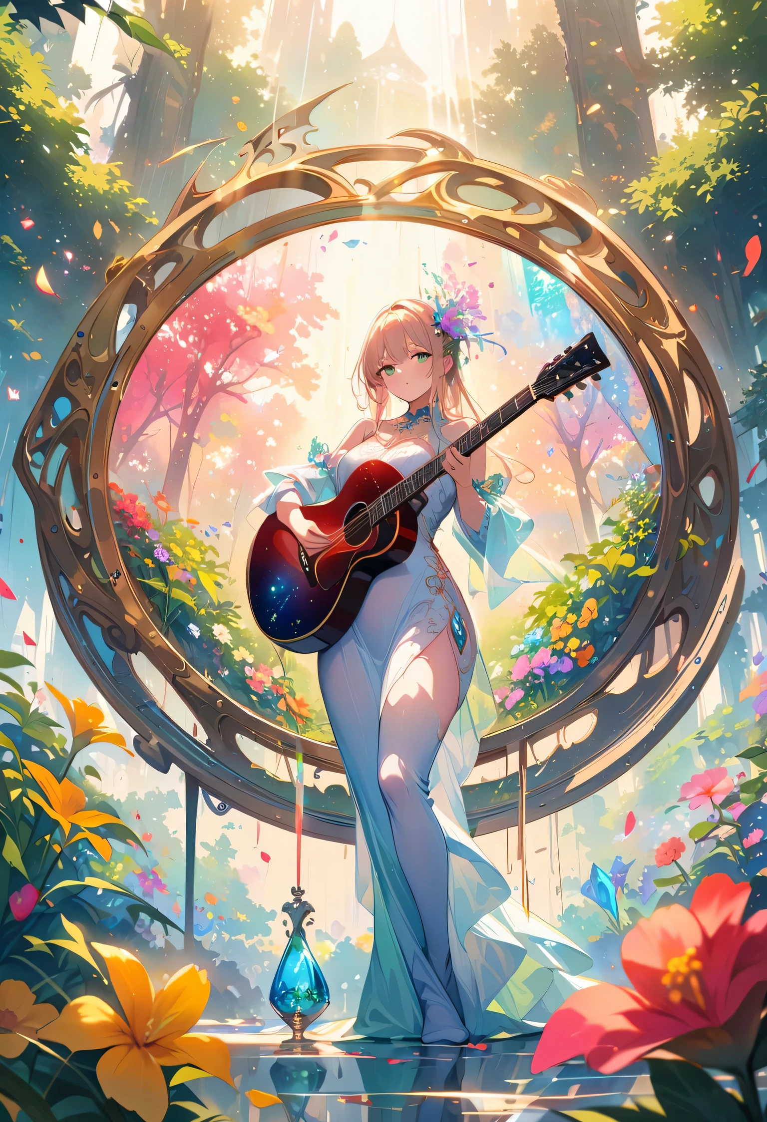 (best quality,4K,8K,high resolution,masterpiece:1.2),Super detailed,actual,Crystal Clear Guitar Engraving,Transparent spring morning,Sunlight reflection on guitar,body details,exquisite strings,Vibrant color palette,sculpting tools,hourglass figure,Sound hole,elegant curves,polished surface,exquisite coiffure engraving,Light and shadow effects,subtle reflections,sparkling surface,sparkling gemstones,petals falling,floral pattern,Emerald accents throughout,Transparent Spring Essence,Ethereal atmosphere,peaceful garden background,peaceful atmosphere,morning dew,Soft sunlight filtering through the trees,Lush green plants,Colorful flowers,A fusion of nature and art,ImpeccableCraftsmanship,otherworldly beauty,stunning artwork