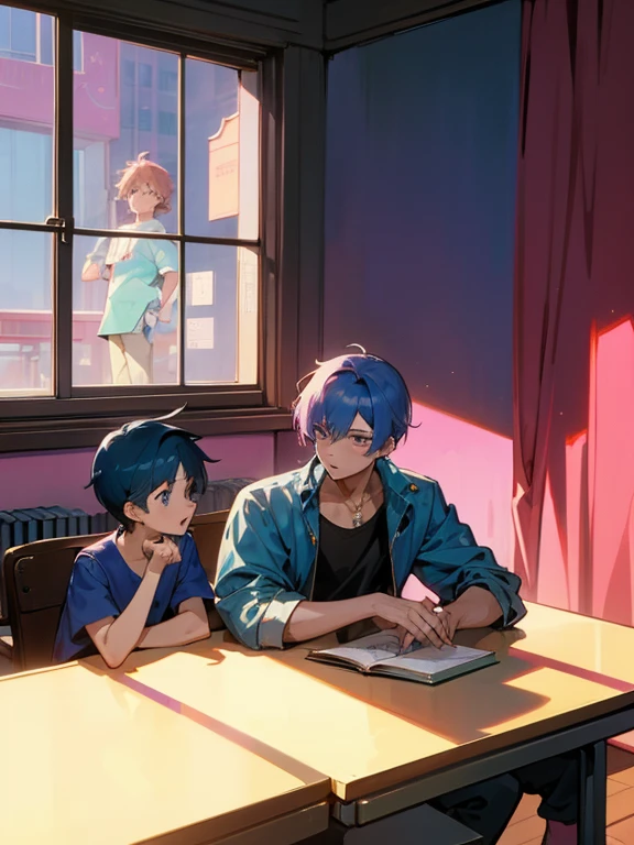 cartoon of two boys sitting at a table with a book and a backpack, ddlc, in the art style of 8 0 s anime, 9 0 s anime style, 90s anime style, in anime style, in an anime style, anime aesthetic, anime vibes, 9 0 s anime aesthetic, 9 0 s anime art style, lofi boy, typical anime classroom, beautiful background window, two cute boys, beautiful faces, two boys, don't extra hands, NO extra hands, generate two boys with NO extra hands, NO extra arm