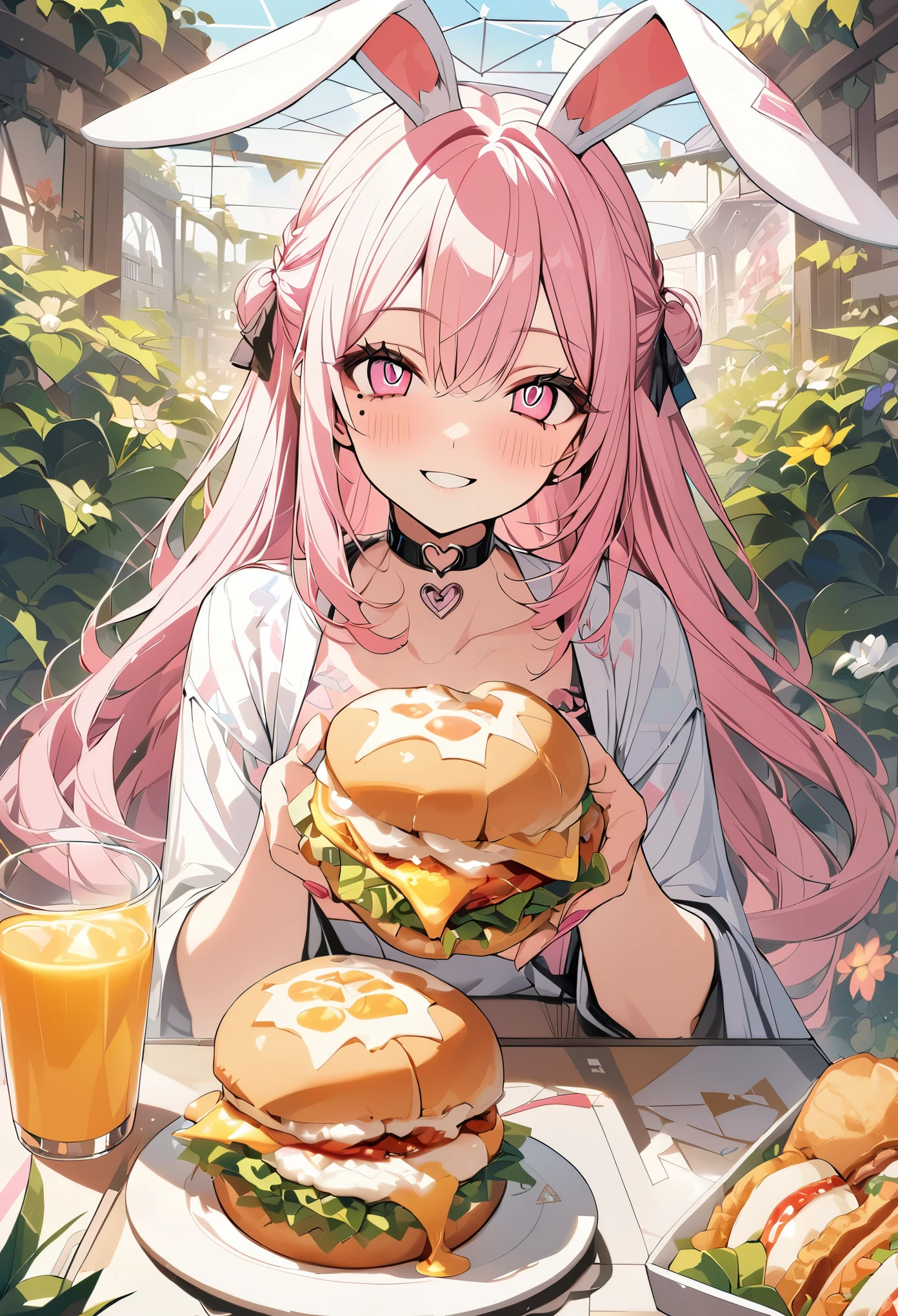 1 girl, pink long hair, heart shaped eyes,rabbit ears, {Pink semi-long hairの女の子、 The name Nami}, (Pink eye color), {breakfast、fried egg、sandwich、coffee}, (smile), bright background , mole under eye, heart shaped choker, (masterpiece, highest quality), very detailed, highest quality, official art, beautiful and aesthetic: 1.2), (1 girl), very detailed, (geometry art: 1.3), colorful, most detailed ?d1 girl, Pink semi-long hair, Eye of the symbol, +__+, gothic costume, {A girl with long pink bun hair The name Nami}, (Pink eye color), {breakfast、fried egg、sandwich、coffee}, (smile), bright background, （garden,beautiful flower々）,mole under eye, heart shaped choker, (masterpiece, highest quality), official art, beautiful and aesthetic: 1.2), (1 girl), very detailed, (geometry art: 1.3), colorful