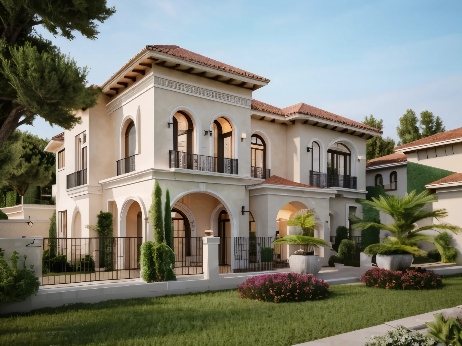 (Mediterranean Revival  house ,close houses and trees), (Mediterranean Revival  style architecture) daylight ( best quality) ((high solution)) ,(( photo realistic)) ,warm light,  soft lighting, warm atmosphere,high Resolution, hyper detailed,4k ,vray render, octane render, hyper realistic, photography expert ,exterior design , professional photography, exterior photography,wide-angle shot , ultra detail , high Resolution , full frame, full body