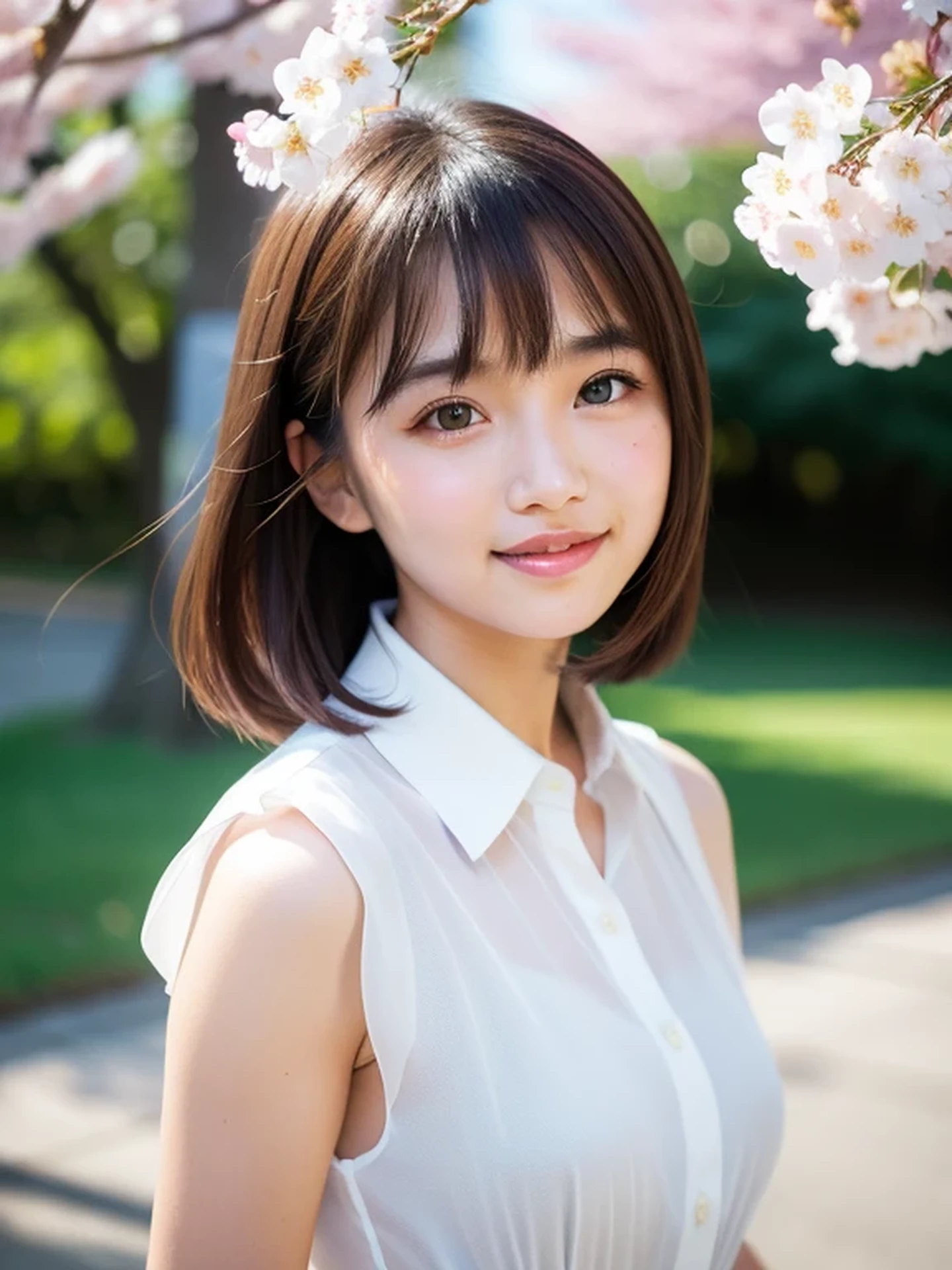 masterpiece, Best Quality, Raw photo, 8K, ultra-detailed face, 1girl, Beautiful detailed skin, backlight, soft light, bashful, (shoot from front:1.2), smile, Luminescent, Anatomically correct, Medium hair swaying in the wind, bangs, Eyes and faces with detailed, Textured skin, Professional Photography, Bokeh, Portrait, Professional Lighting, Solo, Cute, Girly, Film grain, silk dress shirt, cherry blossoms