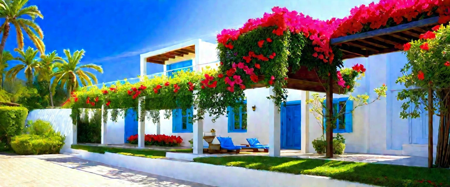 1 Mediterranean style house , The town house is made from white walls and some walls are painted bright blue)), beautyful light, beautyfulday, sunny, Many red bougainvilleas along the road:1.3, lovely youthful feeling :1.2, sunlight at 12 noon, Very beautiful shadows