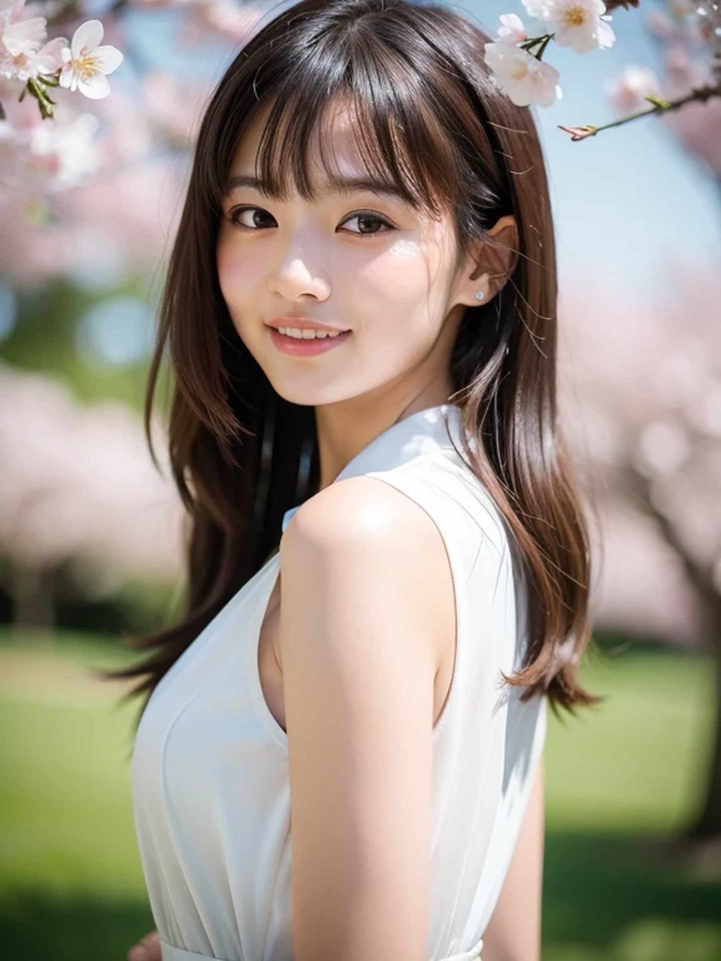masterpiece, Best Quality, Raw photo, 8K, ultra-detailed face, 1girl, Beautiful detailed skin, backlight, soft light, bashful, (shoot from front:1.2), smile, Luminescent, Anatomically correct, Medium hair swaying in the wind, bangs, Eyes and faces with detailed, Textured skin, Professional Photography, Bokeh, Portrait, Professional Lighting, Solo, Cute, Girly, Film grain, silk dress shirt, cherry blossoms