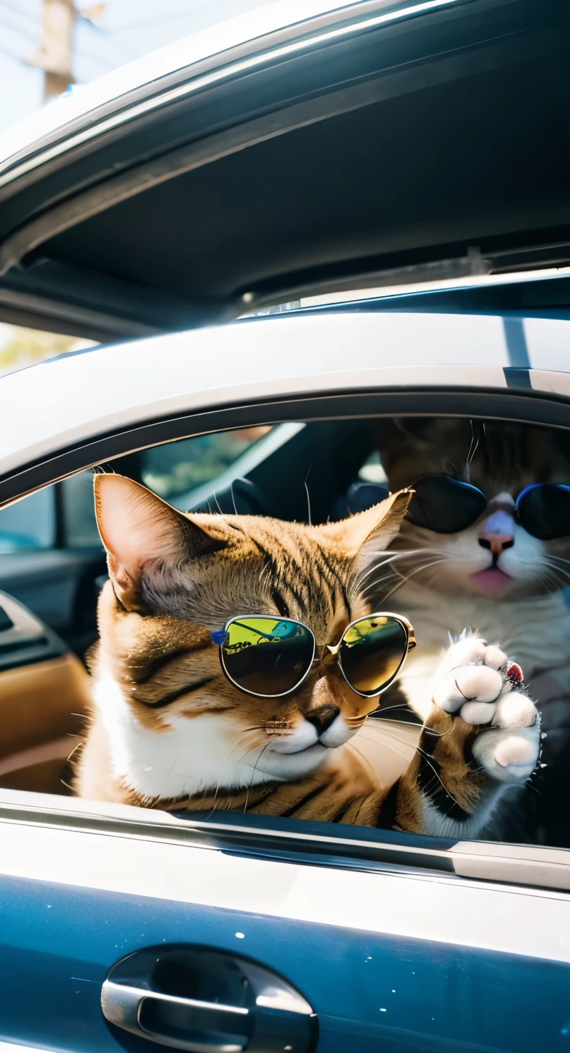 Cat wearing a t-shirt、Cat wearing sunglasses、Cat driving a car