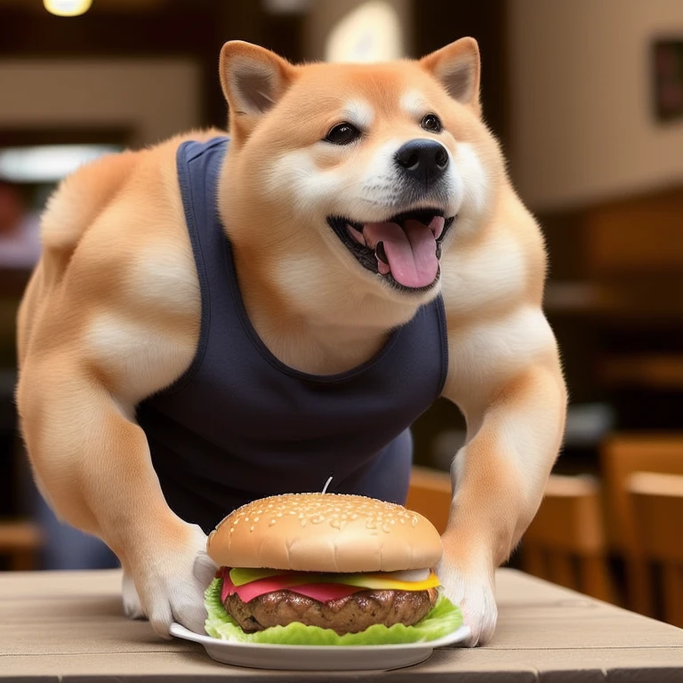 professional photos [(((buffswoldage))):buffswoldage:8],Tank top, grin, dog&#39;s body, eat a big hamburger at a restaurant, dramatic light like a movie, smooth transition, Bokeh