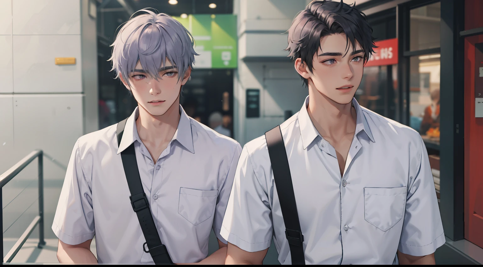 two 16 year old boys with gray and violet hair