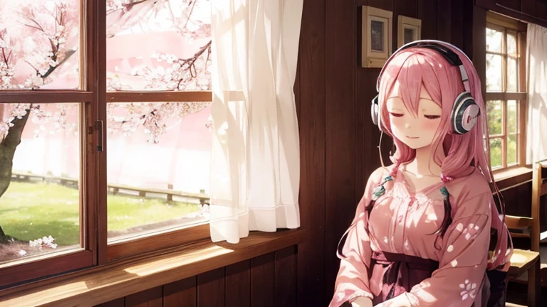Chillmusic Spring Dreaming Cherry Blossoms Cherry Blossoms LoFimusic Girl Wearing Headphones Window Ornamental Plants Curtains in the Breeze Forest