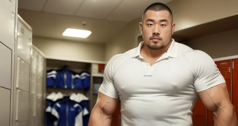 (rugby uniform:1.2), (at club locker room:1.4), Japanese man, Chinese man, Korean man, Taiwanese man, manly face, fat face, (round face:1.4), (monolid eyes:1.2), (buzz cut:1.4), very large and strong body, bulky body, beefy muscles, (bulging muscles:1.4), (very large pectoral muscles:1.4), (muscular arms:1.4), muscular abs, muscular legs, muscular back, brightens oily skin, master piece, (realistic:1.4), panorama, distant view