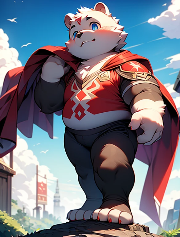 Super hero,Superman,tights,boy,overweight,child,juvenile,White bear orcs,cute,full,blue eyes,red cloak,masterpiece,high-definition,short legs,little man,