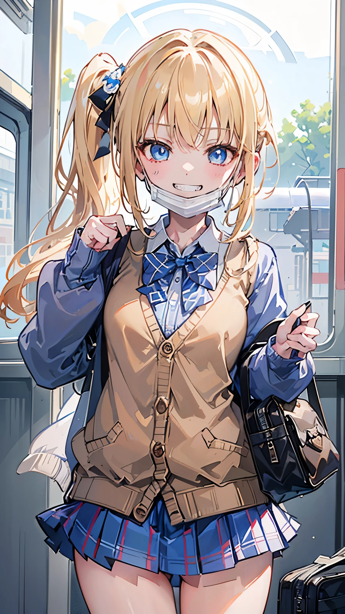 (8K、Highest image quality、highest quality、masterpiece)、detailed face、((one li))、blonde、((side ponytail))、light blue eyes、evil smile、((grin))、((mask_pull))、small breasts、blue bow tie、((brown cardigan:1.2))、plaid skirt、(((micro miniskirt:1.1)))、cowboy shot、Are standing、Background inside the train
