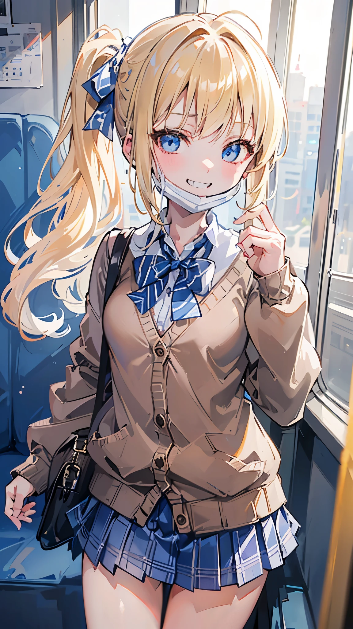 (8K、Highest image quality、highest quality、masterpiece)、detailed face、((one ****))、blonde、((side ponytail))、light blue eyes、evil smile、((grin))、((mask_pull))、small breasts、blue bow tie、((brown cardigan:1.2))、plaid skirt、(((micro miniskirt:1.1)))、cowboy shot、Are standing、Background inside the train
