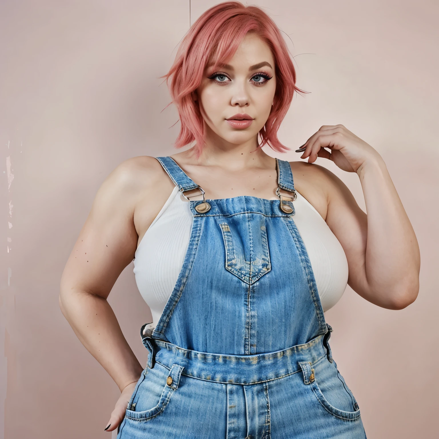 Short pink hair, massive , big ass, juicy lips, overalls, paint , big lips, droopy purple eyes, massive lashes