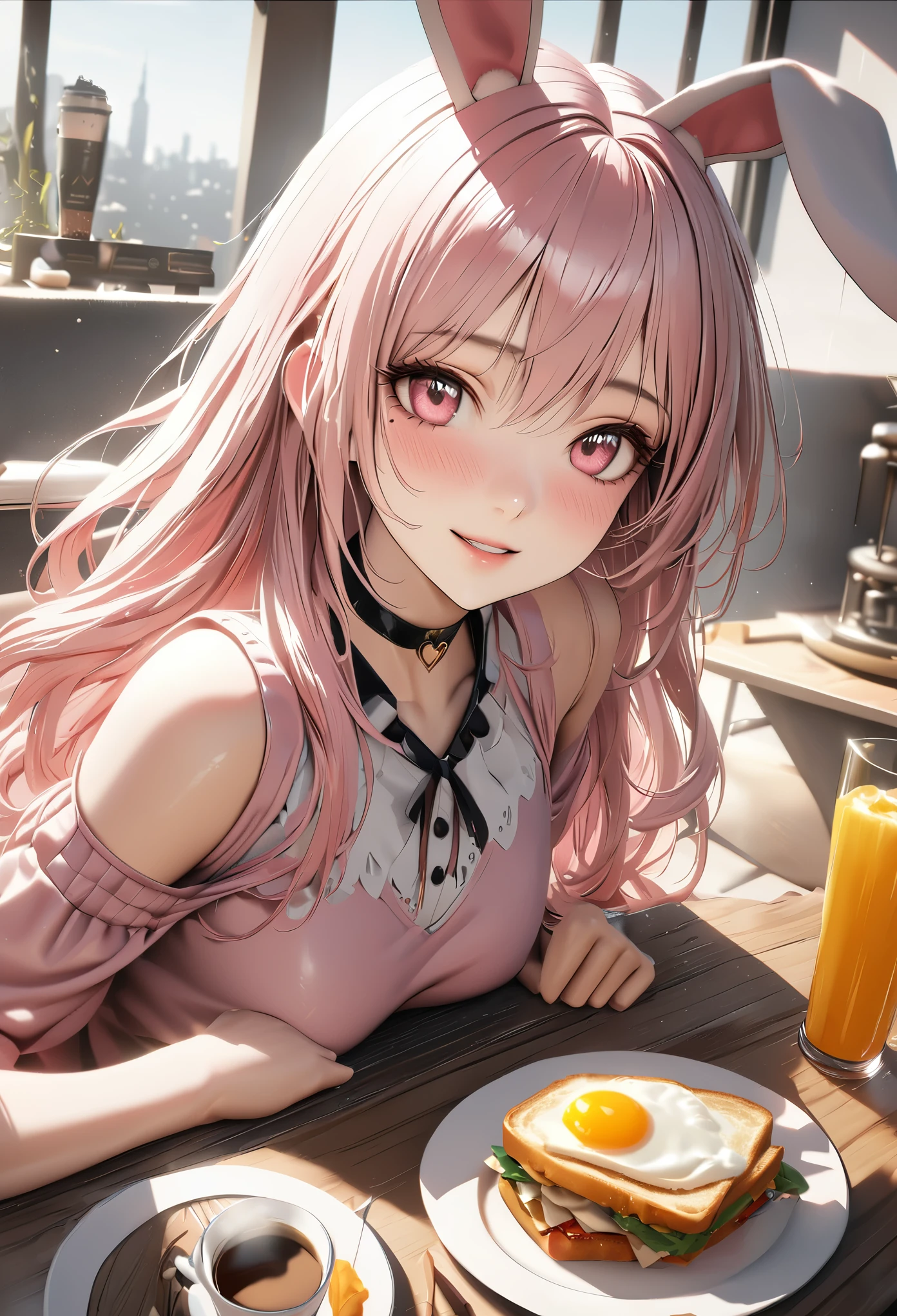 masterpeace,best quality, Super detailed, High resolution, expensive resolution, HDR, 4k, 8K, unity 8k wallpaper, ultra detailed CG, masterpiece, realistic, photorealistic, 2D, 3D, beautiful details, depth, fine texture , super fine: 1.3, Fully focused, Crispy.skin, .he,
Very cute anime girl with Pink semi-long hair wearing expensive , one girl, smile、alone, Pink semi-long hair, animal ears, rabbit ears, breakfast、fried egg、sandwich、coffee、mole under the eye, looking at the viewer , expensive , blush, mole, rabbit ears, parted lips, hair ornaments, heart, pink eyes, choker