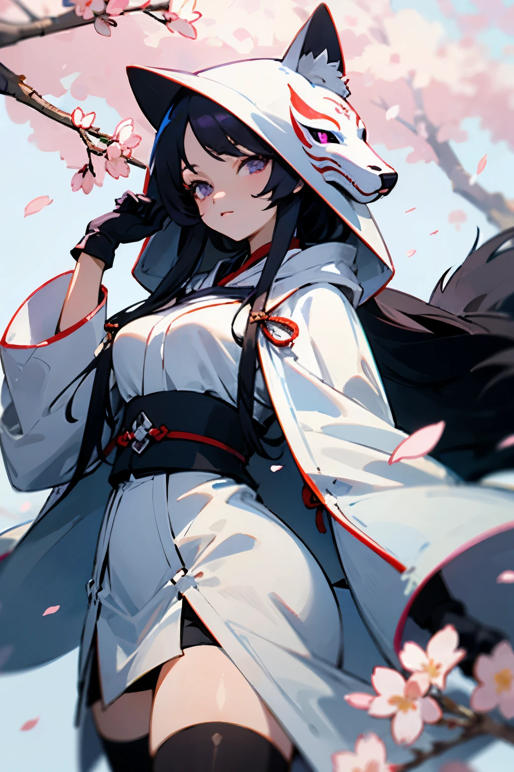 Anime Style, Purple Eyes, Anime Girl, Black long hair, White Hooded Cloak, Stockings, Black Gloves, Wearing White Kitsune Mask, Surrounded by Cherry Blossoms, Breasts