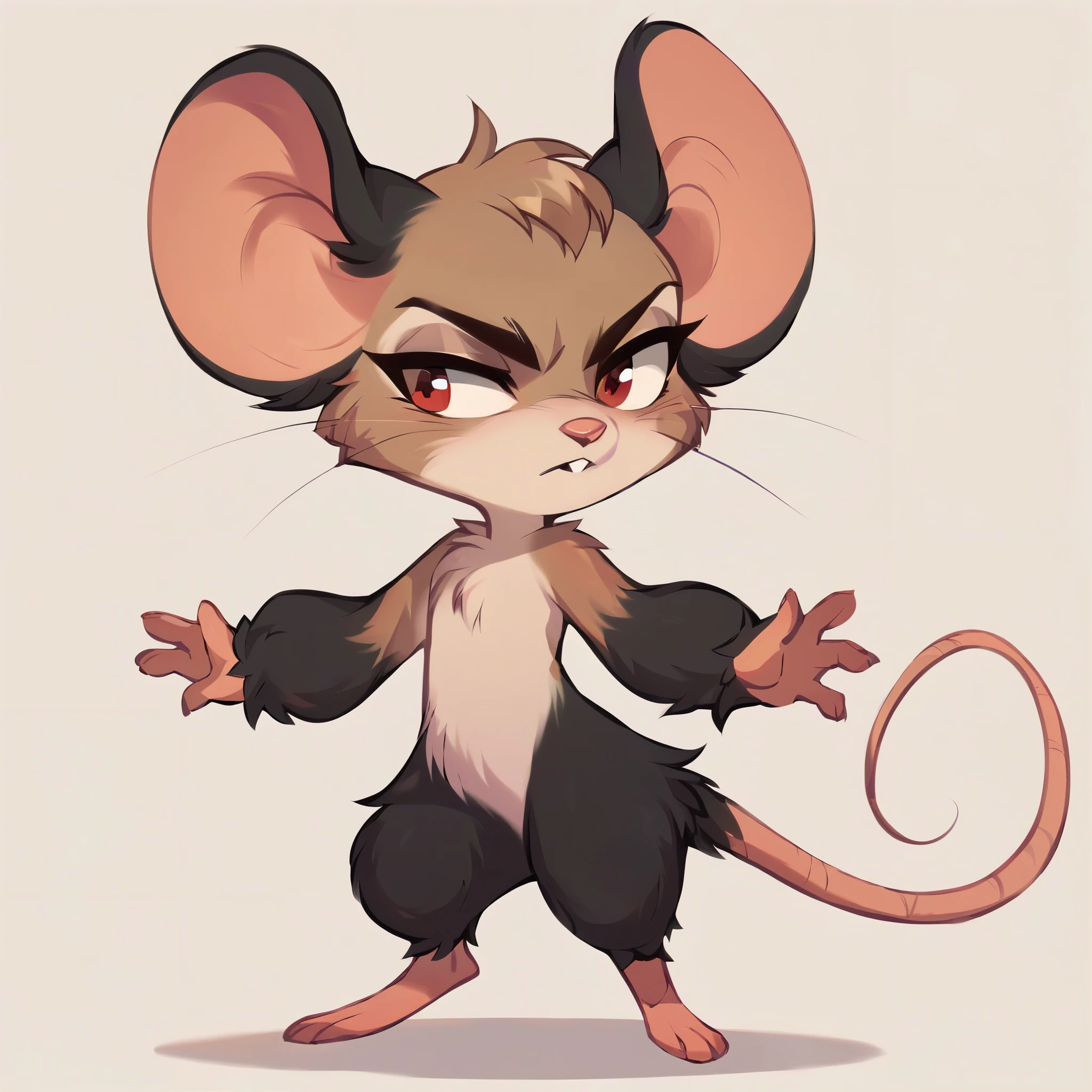 score_9, score_8_up, score_7_up, score_6_up, score_5_up, score_4_up, show accurate, full body, skinny body, simple background, (solo), (semi anthro), mouse, female mouse, standing, (light brown dull fur), red eyes, black color fur separation, determined look,