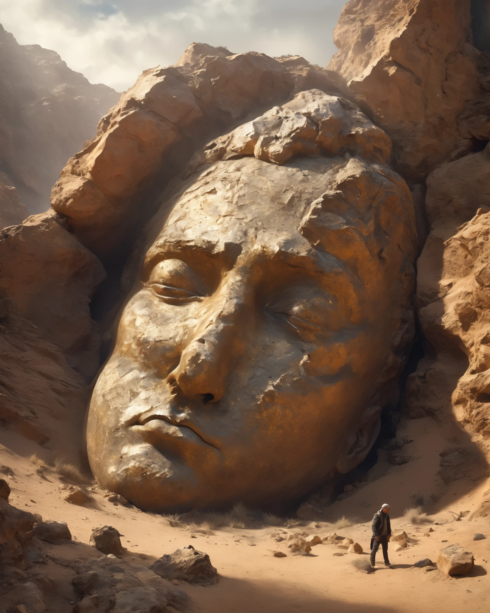 from above, Bokeh, ultra high definition, masterpiece, high detail, high quality, Award-winning, best quality, high resolution, 16K,
(Elevation viewing angle),Big dumb object,(英俊男子巨大雕塑portrait'Head fell in the desert:1.3),(A small man is looking at the sculpture:1.0),Great Wilderness,dense teeth,old,Art style of Philip Hodas,Matte of the human soul, realism ,BDO works by American digital artist Stuart Lippincott,Use advanced tones and shadows,Create a dazzling and mysterious light,Deep spatial pattern and mysterious atmosphere,Create a sci-fi mechanical god realm,Highlighting the insignificance of human beings,and fear of the unknown,minimalist art,fantasy,Surrealism,Sharpie style, portrait, Beautiful detailed