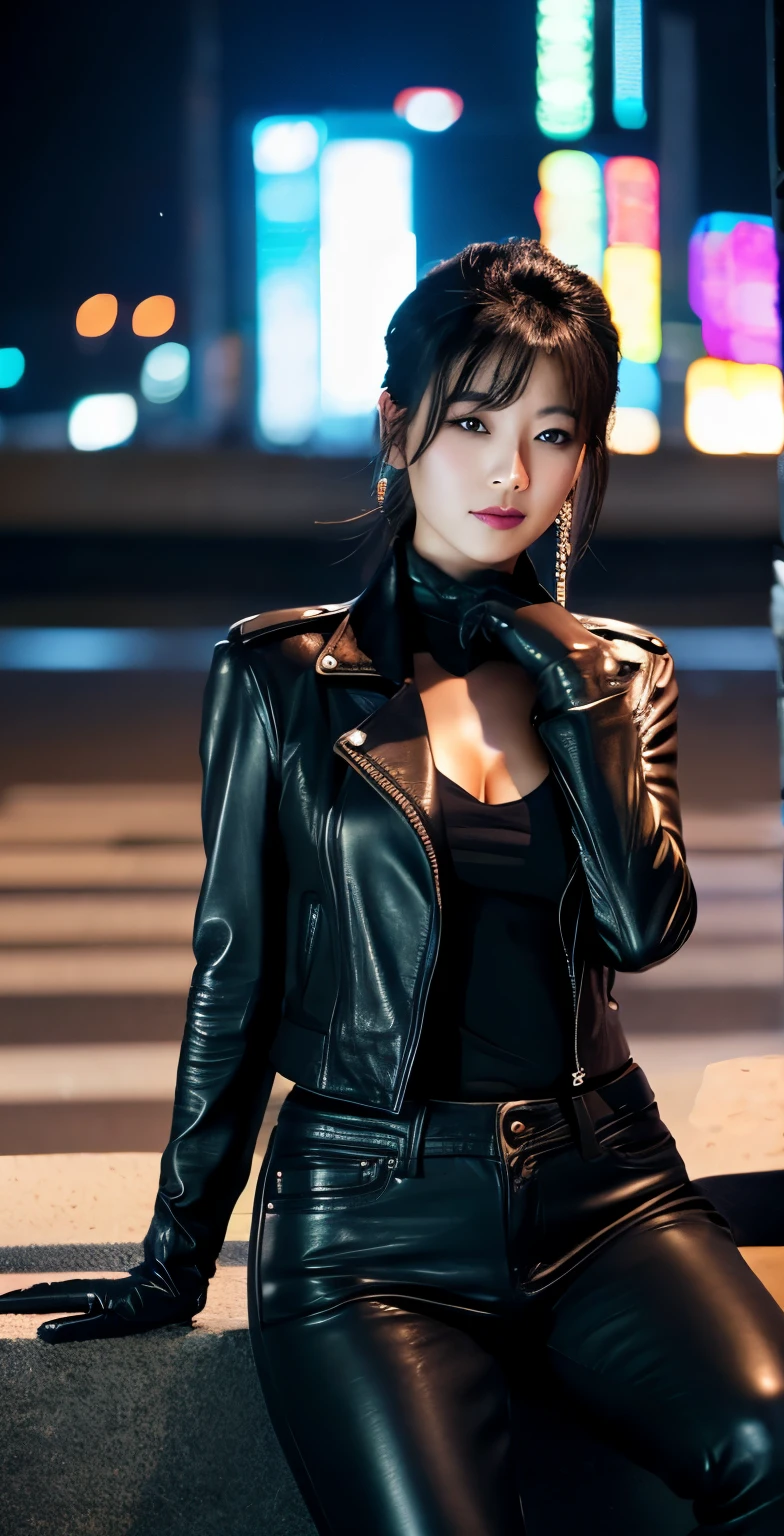 (Realisticな, photo-Realisticな:1.37),(8k, RAW Photos, Highest quality, masterpiece:1.2), Ultra-detailed, 超High resolution, Kodak Vision Color, Filmed with an Arricam LT camera,Highest quality, Lively, 8k, High resolution, 1 female, Japanese、Escape, (Professional Lighting), (Portraiture:0.6), Black Hair, (Medium Hair),22 years old、(masterpiece), (Very complicated:1.3), (Realistic), ((Short Undercut , Upper Body, compensate:1.3, ((Black Leather Trench Coat)), are visible、、Naked uthe jacket、A grin、smile、Leather pants, Skyscraper rooftop、in the middle of a fight、Abandoned Building、Fighting with a Japanese sword、Outdoor, ((Cyberpunk Street)), Professional photos, Sharp focus, dramatic, Cinema Lighting, Volumetrics dtx, (Film Grain, Blurred Background, Blurred foreground, Bokeh, Depth of written boundary), 8k