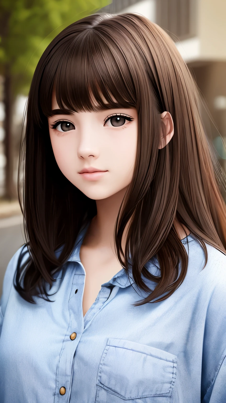 you can make a girl of about with pale skin, unas pocas pecas en la nariz, ojos grises, labios medianos, dark brown hair in digital realism