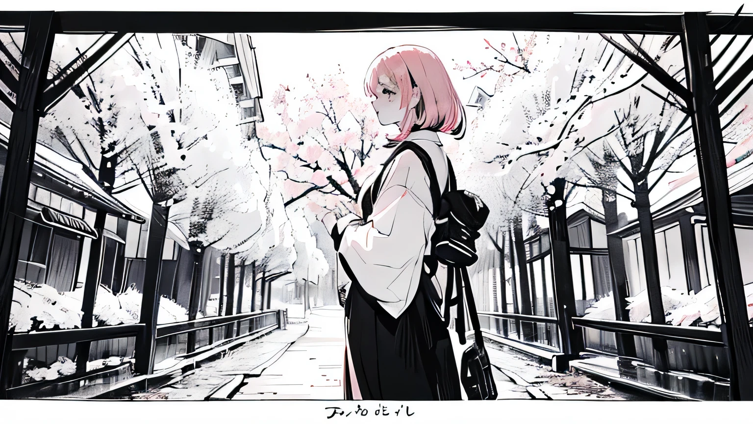 black and white image,japanese adult female,adult female standing in the middle of the frame,looking away from camera,cherry blossoms [pink],tree leaves [coloured]