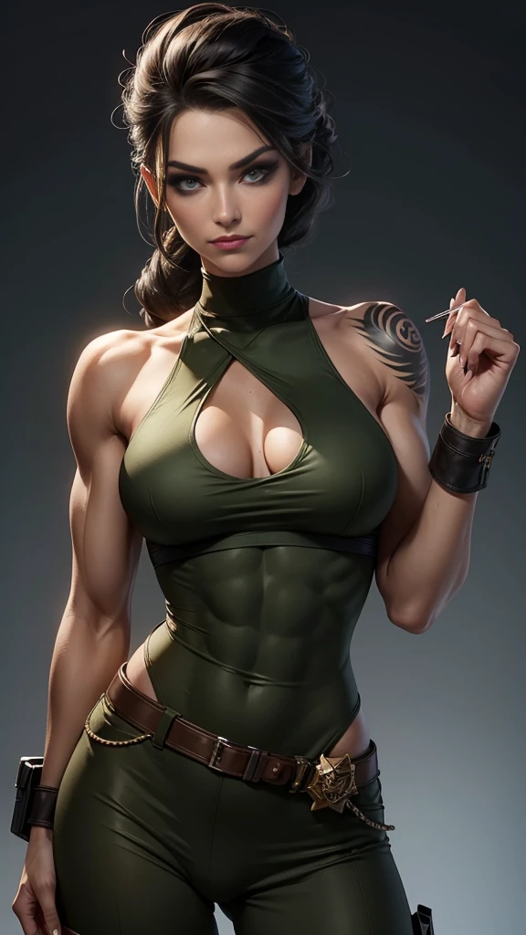 A gorgeous and stunning female soldier fighting on the battlefield, smirking sadistically, smiling sadistically, high rank, dominant, challenging demeanor, smug, teasing, tall, statuesque, imposing, towering, biceps, triceps, eight pack abs, extremely defined abs, tank top, wide shoulders, narrow hips, narrow waist, huge breasts, slim, slender, toned, long eyelashes, make up, perfect eyes, eyeliner, perfect lips, long fingers, delicate fingers, long nails, supermodel, tattoo on shoulder, (military uniform), tanned skin, official uniform, colonel, marshal, lieutenant,