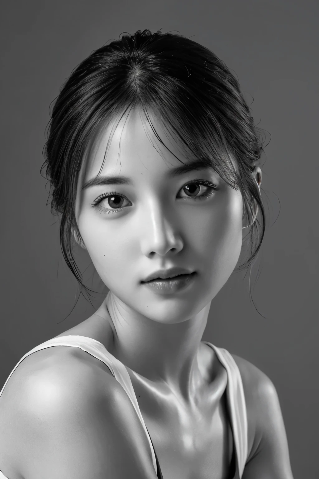 table top, highest quality, Photoreal, Super detailed, finely, High resolution, 8k wallpaper, RAW photo, Professional, Advanced level of detail, (((monochrome photography))), 1 girl, (facing the front), Upper body, perfect face, (Only lips red)