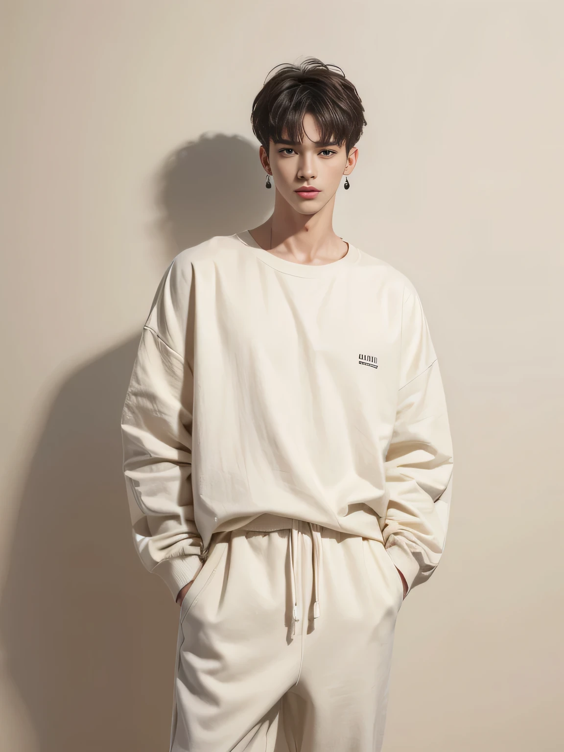 (8K, highest quality, High resolution, masterpiece :1.3), (cream background), (handsome man), stylish, hisense, fashion, The contour is the length of the surface, eyes are long, black short hair, oversized clothes, baggy clothes, Upper body, earrings, graphic design, 