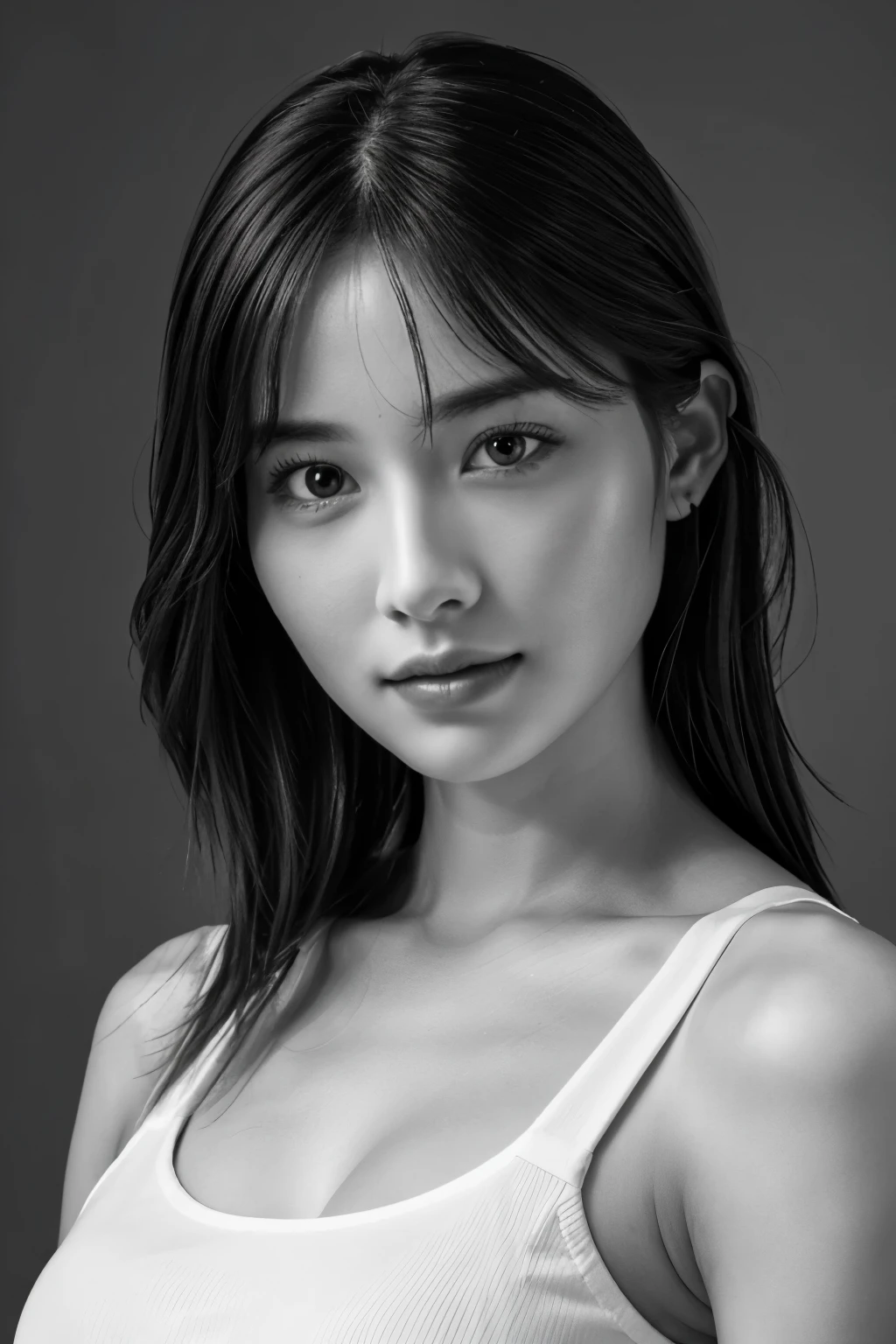 table top, highest quality, Photoreal, Super detailed, finely, High resolution, 8k wallpaper, RAW photo, Professional, Advanced level of detail, (((monochrome photography))), 1 girl, (facing the front), Upper body, perfect face, (Only lips red)