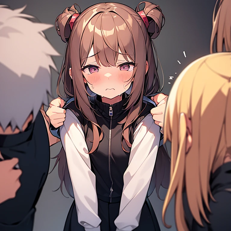 masuter piece, Best Quality,Illustration, Wallpaper, ultra -detail, a small face、(((molesting)))、barechested、((shame))、(Teary-eyed)、(((Nothing is worn)))、((Girl being touched by a man))、small cherry-colored nipples 、A man pulls up a girl's skirt 、Angle from below、ample breasts