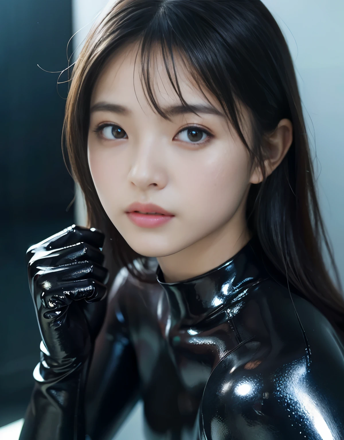 (1 girl)、highest quality、masterpiece、超A high resolution、(Photoreal:1.4)、Raw photo、1 girl、wet hair、Sweat、(Wearing a skin-tight wetsuit made from ultra-glossy rubber)、female scuba diver、long sleeve,、rubber diving gloves、Portrait、Shadow、octane rendering、8K、super sharp、Metal、intricate decorative details、Details on board、very intricate details、realistic light、(mysterious look)、shining eyes、towards the camera、Small LED、Close-up