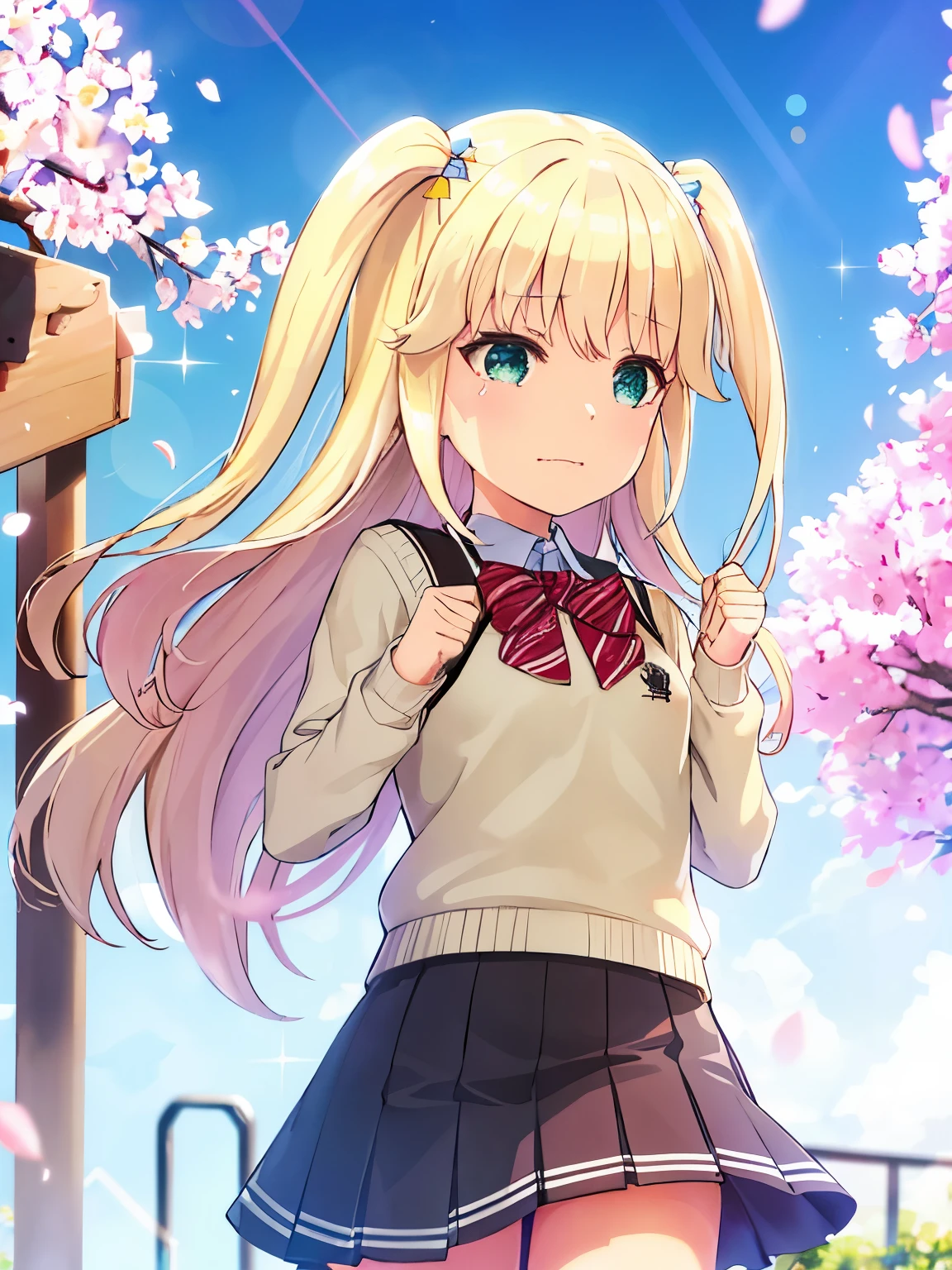 s○l○, 1 girl, highest quality, very detailed, (masterpiece), (illustration), school, outdoor, upper body, face, face focus, from front, , long sleeves, blonde hair, long hair, green eyes, two side up, eyebrows visible through hair, shine, bangs, shine, Lens flare, flat chest, Crying, cherry blossoms,has a black cylinder